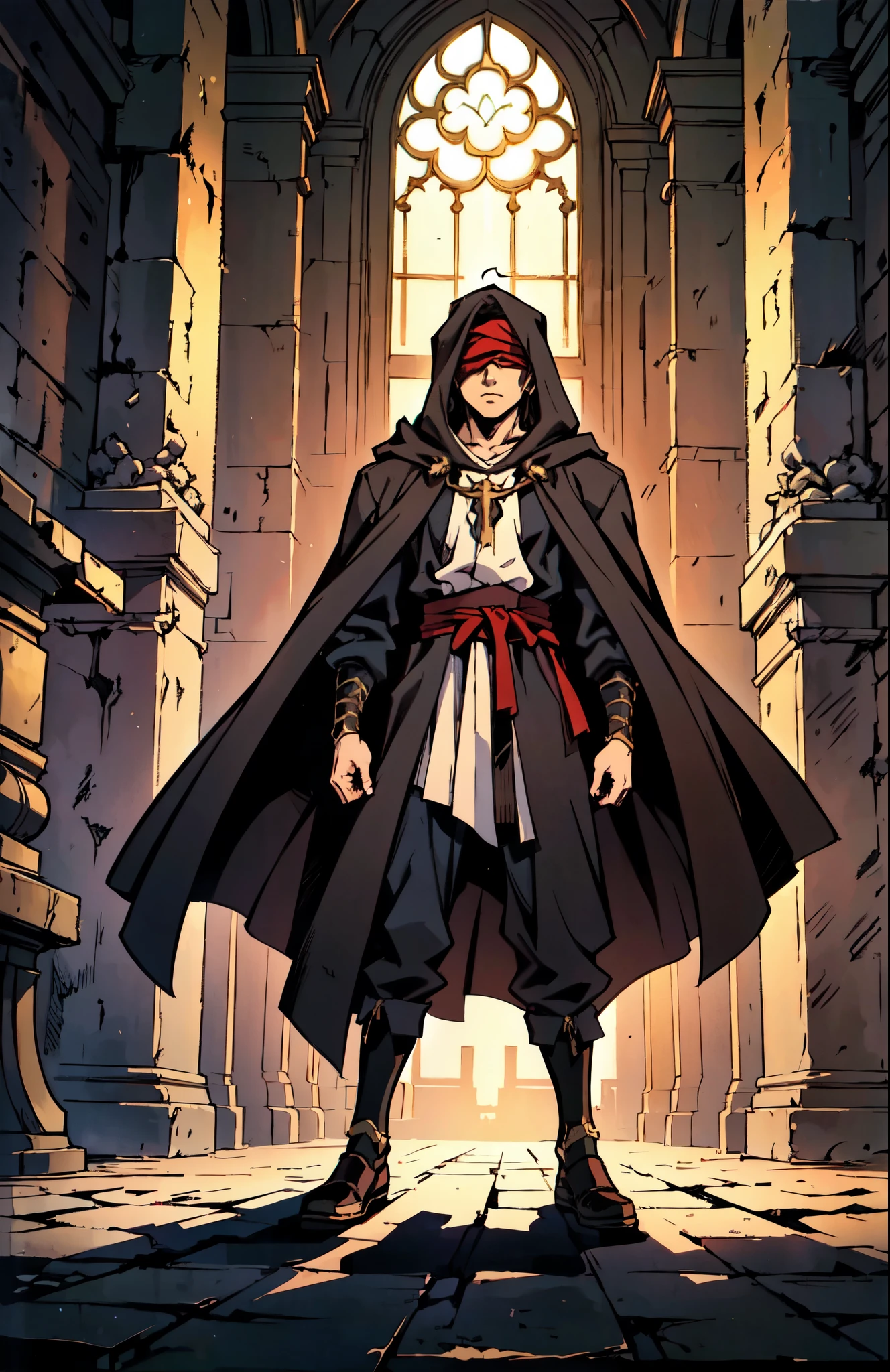 (masterpiece:1.2, best quality:1.2, extremely delicate:1.2), ((male:1.5)), a grown man with spiky brown hair, side-parted bangs, (Red blindfold:1.5), a resigned expression, a fantasy-realism style black hooded coat, a tattered gray robe underneath, cloth shoes, he stands within a Medieval Futurism-style temple, this character embodies a finely crafted Medieval Futurism-style priest in anime style, exquisite and mature manga art style, dramatic, high definition, highres, ultra-detailed, ultra-fine painting, professional, perfect body proportions, golden ratio, anatomically correct, symmetrical face, extremely detailed eyes and face, high quality eyes, creativity, RAW photo, UHD, 32k, Natural light, cinematic lighting, (masterpiece-anatomy-perfect:1.2)