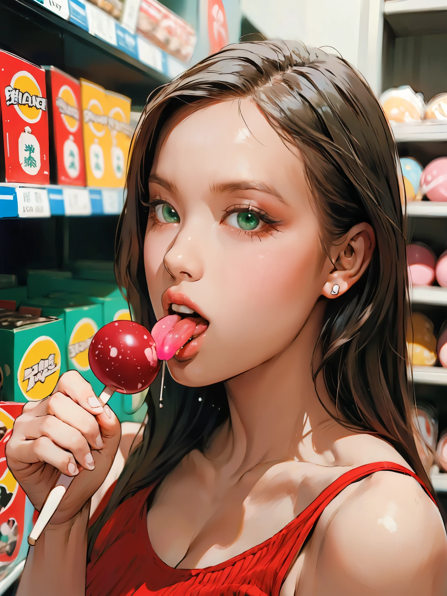 girl, medium wide shot, from side, holding lolipop candy, (licking lolipop:1.4), convinience store, detailed face, looking at viewer, chin tilt, long straight hair, side swept bangs, red tank top, sideboob, (large breasts:1.4), dripping saliva, vintage film grain, stunning, green eyes, complex, sharp focus, beautiful, best quality, best shadow, cinematic, masterpiece,