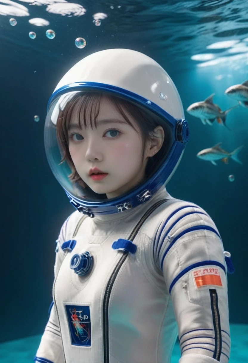 (8k, RAW photo, best quality, masterpiece), (photorealistic), outstanding details, ultra-high resolution, anatomically correct, textured skin, (Extremely precise and accurate anatomy), (wide lens effect), (Cute girl, eva helm, bodysuit, bubble helmet, underwater, spacesuit, full body,(Cute Japanese girl , 20-year-old),