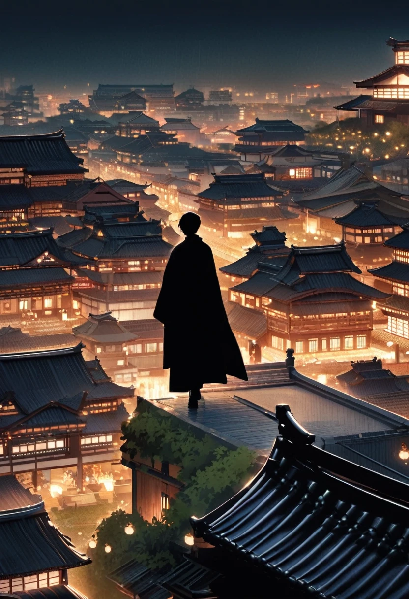 Historic Japanese townscape at night、A male thief in red clothing is walking stealthily。In the distance, I can see the lights of a luxurious mansion.、The thief is moving silently towards it.。His figure is drawn vaguely like a silhouette.、Blending into the townscape