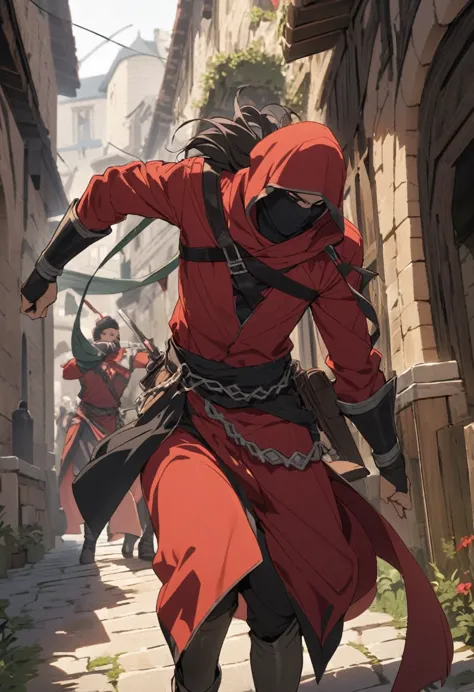 a male thief in red attire making a daring escape from a feudal lord&#39;s mansion。he sprinted through the garden、the samurai ar...