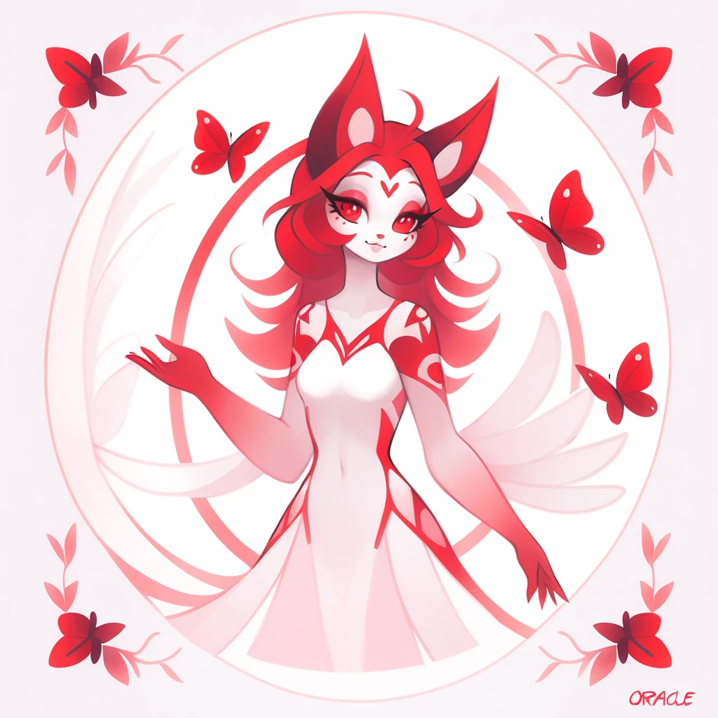 Oracle  with primary white color palette with black and red in butterfly art style