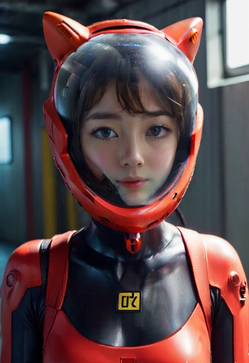 (8k, RAW photo, best quality, masterpiece), (photorealistic), outstanding details, ultra-high resolution, anatomically correct, textured skin, (Extremely precise and accurate anatomy), (wide lens effect), (Cute girl, eva helm,plugsuit, red  bodysuit, bubble helmet, underwater, spacesuit, full body,(Cute Japanese girl , 20-year-old), red helmet,red helmet, space helme, (cat ears:1.5), red helmet, pov