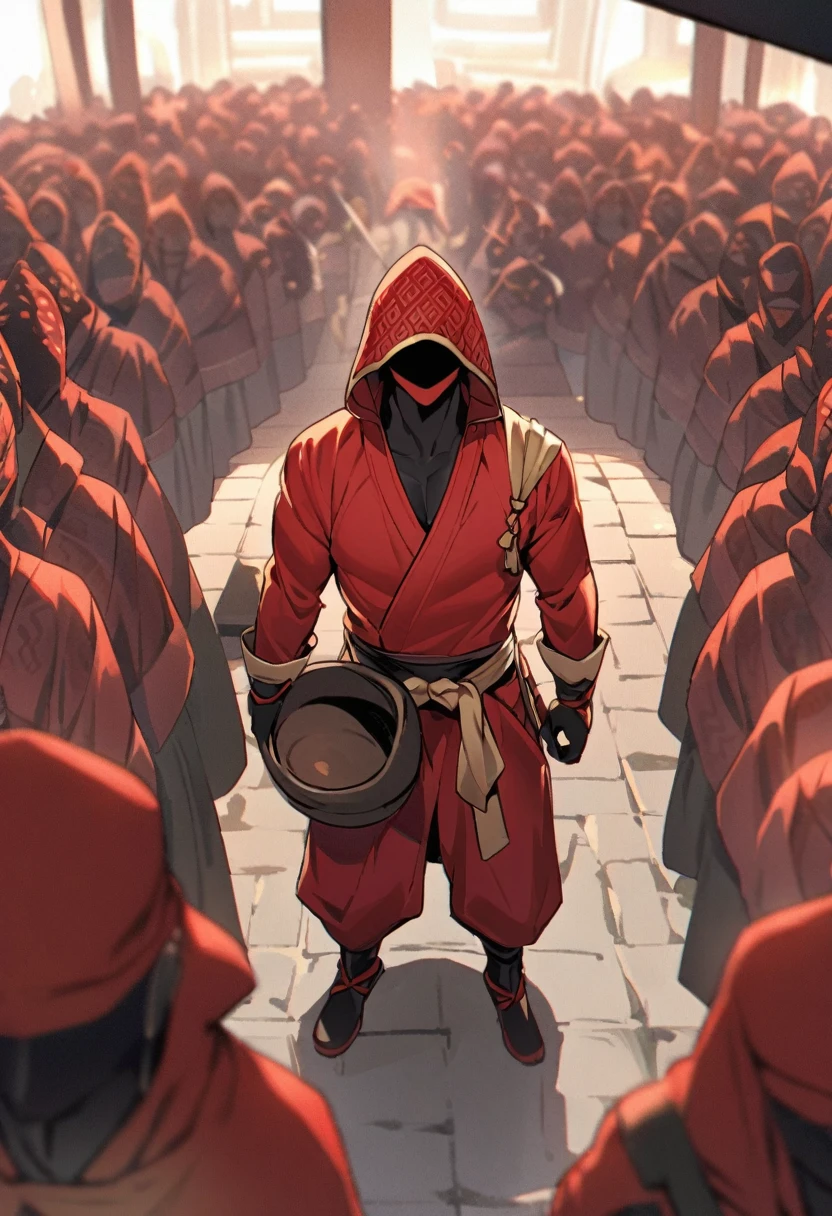 A male thief in a red outfit standing on the boiling platform。He was wearing an old-fashioned red samurai outfit.、Looking out at the tightly packed crowd around the cauldron。The thief was resolute、Hall々Stand with a straight posture.、I&#39;m about to step into the cauldron.