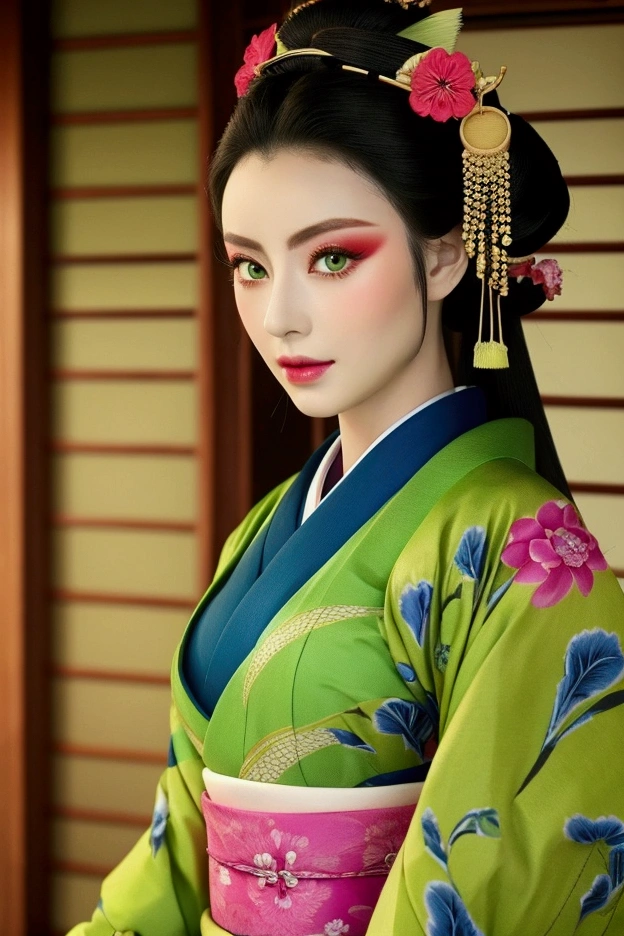 Oiran、kimono、beautiful、Beauty、Green Eyes、黒のkimono