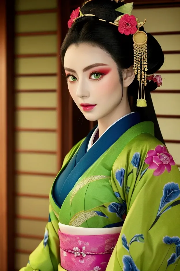 oiran、kimono、beautiful、beauty、green eyes、黒のkimono