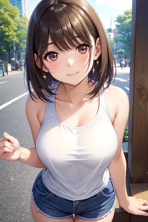 anegasaki nene、Shiny brown hair, short hair, (Beautiful brown eyes、Sparkling eyes, Fine grain)、smile、Ultra-detailed eyes、Highly detailed face, Highly detailed eyes,



(Highest quality:1.2), One girl, Ueno Park, Tank top, hot pants