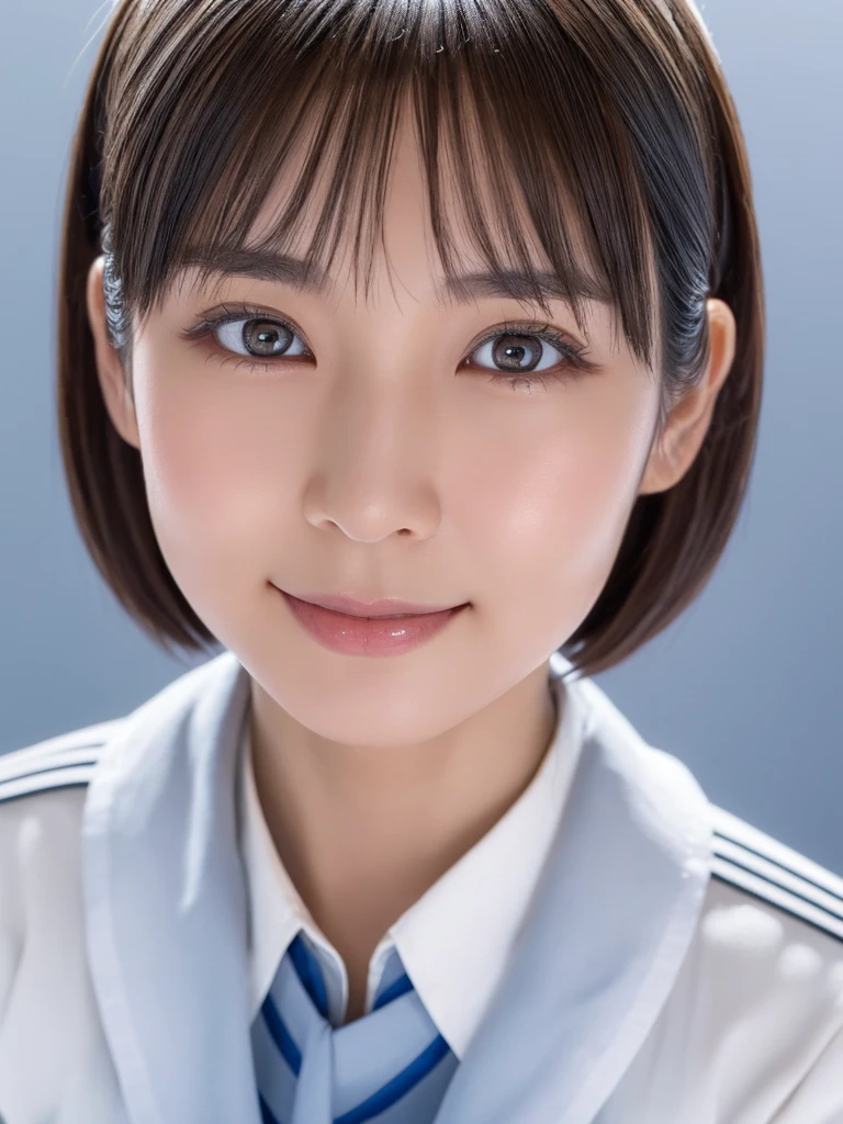 Young and beautiful Japanese girl with platinum silver short hair,Ultra detailed eyes,big, clear eyes,(Droopy eyes:1.0),Cute eyes,A balanced perspective,Ultra detailed face,A kind smile,(Wearing detailed flight attendant uniform:1.25),Highly detailed and realistic,8k,Very detailed,Realistic,Masterpiece,High-resolution correction