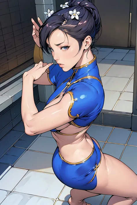 ((a woman modeled after the character chun-li)), , medium hips, bright eyes, very flashy,huge breasts, puffy nipples, tight, ((u...