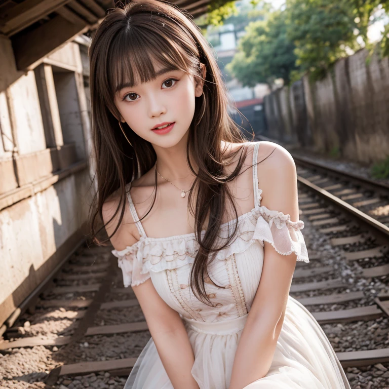 laughing out loud，knee shot, The background is the railroad tracks，There is a cave at the end of the track，A girl stands next to the railroad tracks，1 female, light brown hair, blunt bangs, hair behind ears, Shoulder-length hair, long hair, Slender body type, 超face slimming型, face slimming, delicate lips, beautiful eyes, Thin blush, Eyes are light brown,View here, (actual:1.3), One person's perspective, 8k, Super detailed, high quality, best quality, High resolution，2, above knee shot, Breasts can be seen protruding under clothes，Big ,Tutu