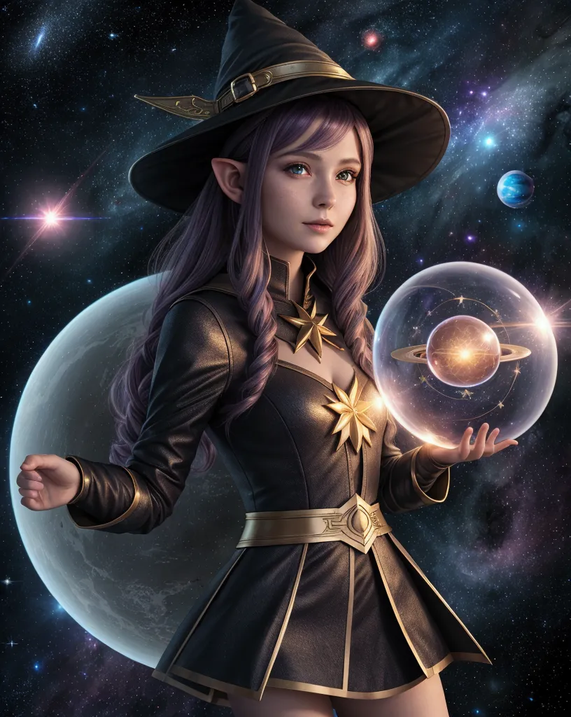 best quality, highres, 1girl, elf, witch hat, floating in space, energy sphere, light particles, shiny hair, shining stars, fant...