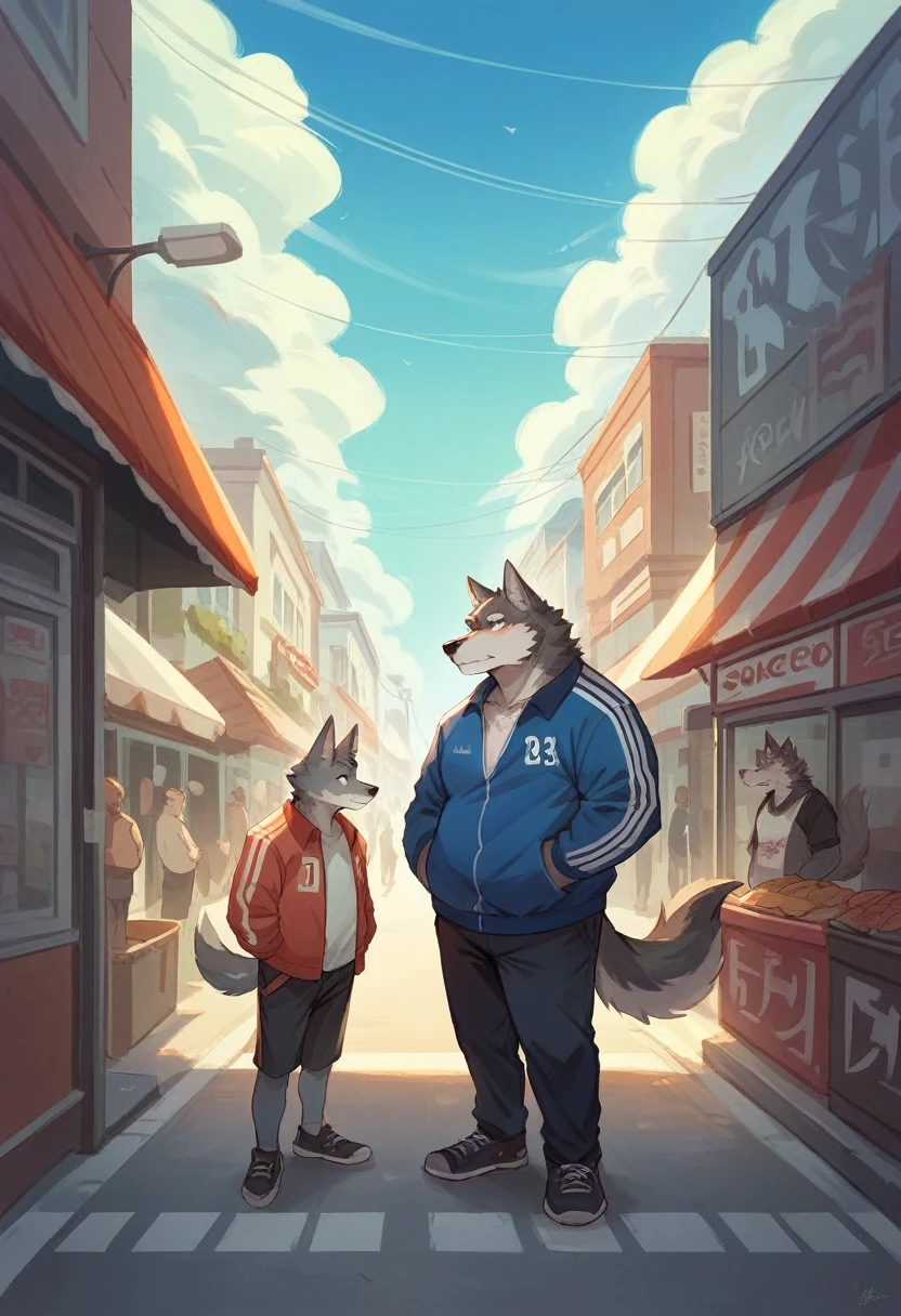 (Perfect work）Chubby muscular body, Dark gray fur, Delicate pupils，Standing on the street, Snack Street Background,head tilted to one side, Beautiful blue sky and white clouds, People coming and going , Wearing a jersey jacket, Wolf furry character, using phone