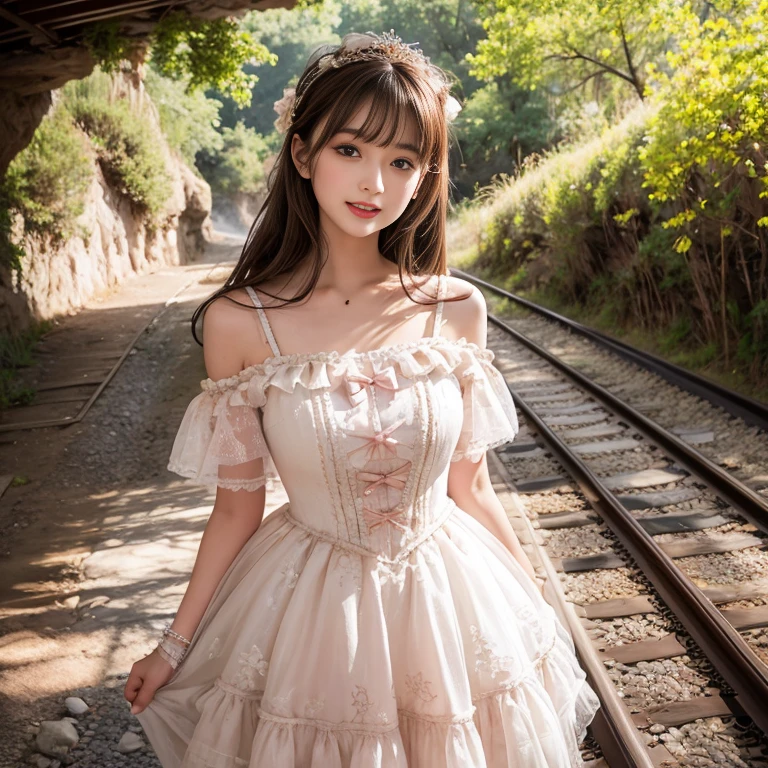 laughing out loud，knee shot, The background is the railroad tracks，There is a cave at the end of the track，A girl stands next to the railroad tracks，1 female, light brown hair, blunt bangs, hair behind ears, Shoulder-length hair, long hair, Slender body type, 超face slimming型, face slimming, delicate lips, beautiful eyes, Thin blush, Eyes are light brown,View here, (actual:1.3), One person's perspective, 8k, Super detailed, high quality, best quality, High resolution，2, above knee shot, Breasts can be seen protruding under clothes，Big ,Tutu