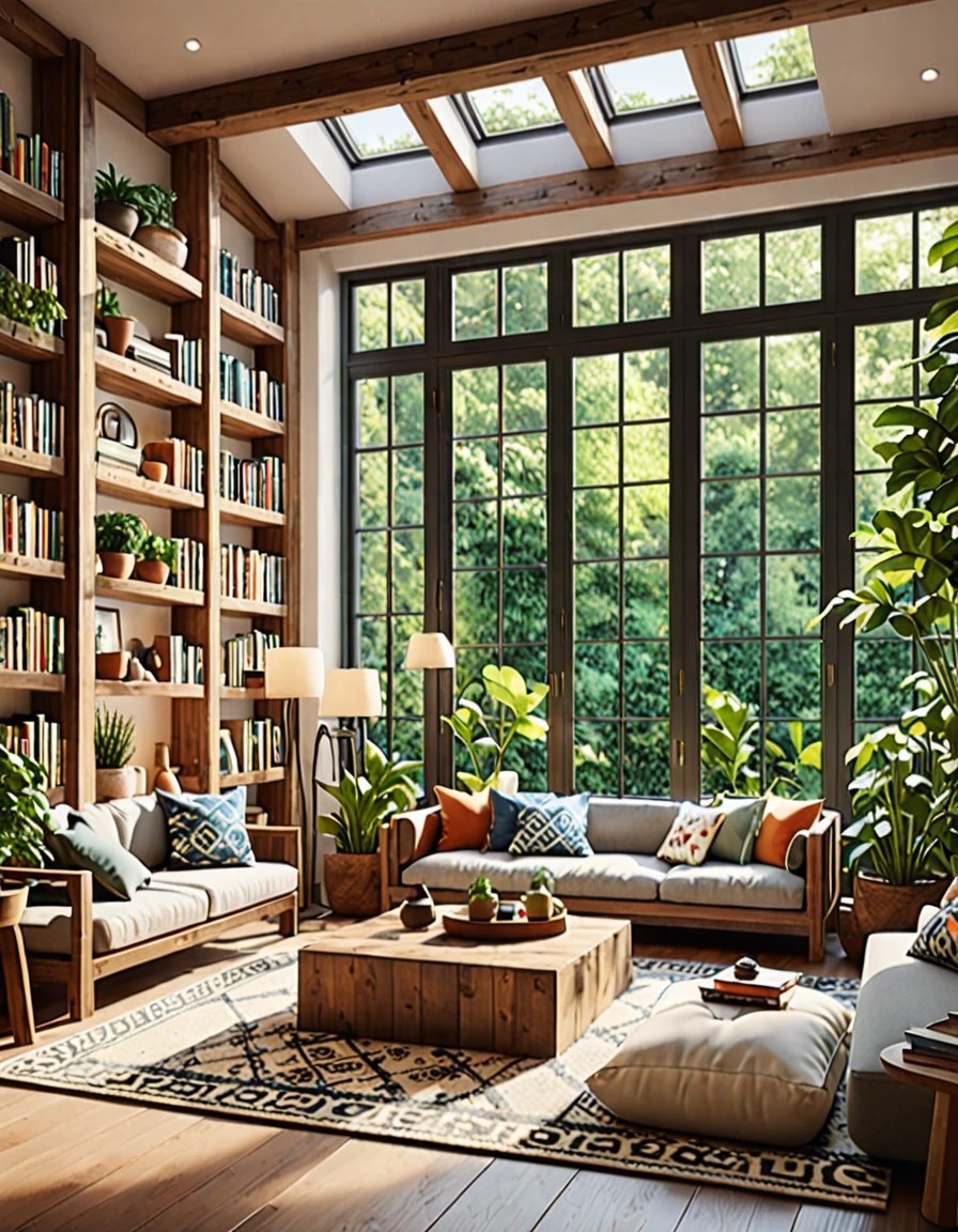 Create a hyper-realistic image of a cozy, sunlit room with a low wooden table and floor cushions. The room should have a large window letting in natural light, illuminating the space. Include elements such as potted plants, a patterned rug, and bookshelves filled with books and small decorative items. The window should offer a view of a lush garden outside. Use warm, inviting colors and soft lighting to enhance the cozy atmosphere. The overall scene should be serene and welcoming, capturing the essence of a peaceful and comfortable living space