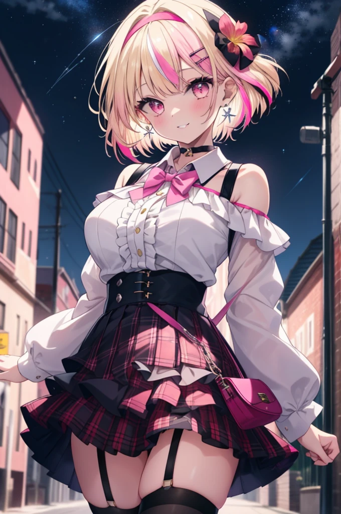 1girl, solo, blonde hair, scene hair, hair clips, (pink streaks), two tone hair, streaky hair, short hair, off shoulder shirt, outdoors, cityscape, starry sky, flower, headband, jirai kei, bare shoulder, microskirt, plaid skirt, garter belt, earrings, thick lips, pink eyes, layered hair, huge breasts, long sleeves, thick thighs, (anime:1.2), blunt bang, eye makeup, choker, bowtie, standing, handbag, pearl earrings, cowboy shot, head tilt, smile,