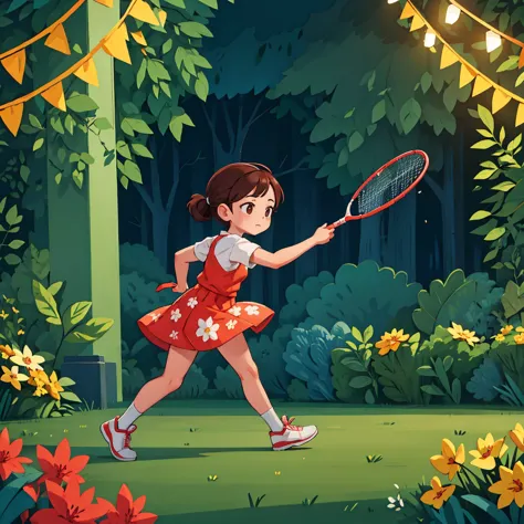 a girl playing badminton on the court, with beautiful brown hair. (best quality, detailed), badminton court environment, sportsw...