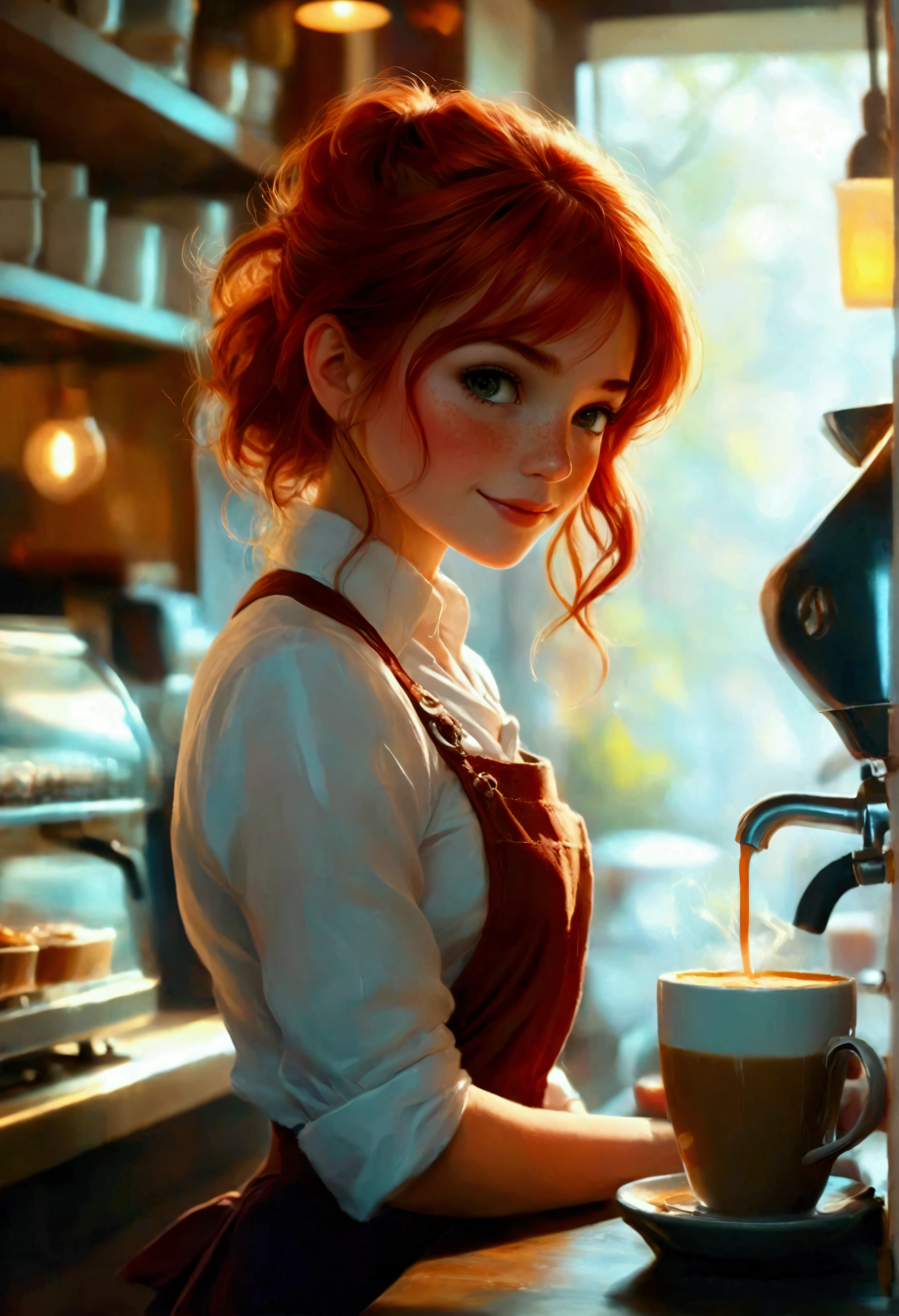 A romantic scene: A very pretty fresh red head female barrista with cute freckles, smile with blushed cheeks as she prepared coffee in a coffee shop counter. In a beautiful and warm coffee shop. Steaming coffee and warming backlight. Romantic Comedy, expressionistic, Emotional, Dynamic, Distorted emotional effects, energetic, Use unusual colors, detailed, (best quality, masterpiece, photorealistic), very aesthetic, perfect composition, intricate details, ultra-detailed, vivid colors.