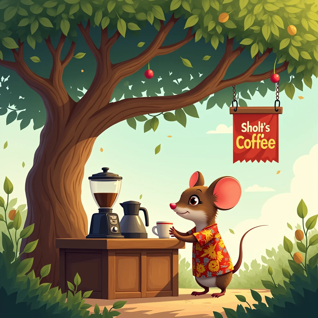 Under the coffee tree, a little mouse wearing a Hawaiian-style T-shirt is setting up a coffee stall, making coffee and selling it. There is a coffee promotion slogan hanging on the stall.