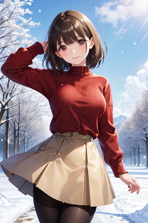 anegasaki nene、Shiny brown hair, short hair, (Beautiful brown eyes、Sparkling eyes, Fine grain)、smile、Ultra-detailed eyes、Highly detailed face, Highly detailed eyes,Cowboy Shot、



(masterpiece), One girl, Highest quality, Expressive eyes, Perfect Face,  short hair,
 BREAK  ((Mature Woman)),  , Are standing, snow, Daytime Sky, Cloudy, snow trees, 
 ((Red sweater 、BREAK 青いスカート, pantyhose, ))smile, look up, Mouth closed, Are standing 
