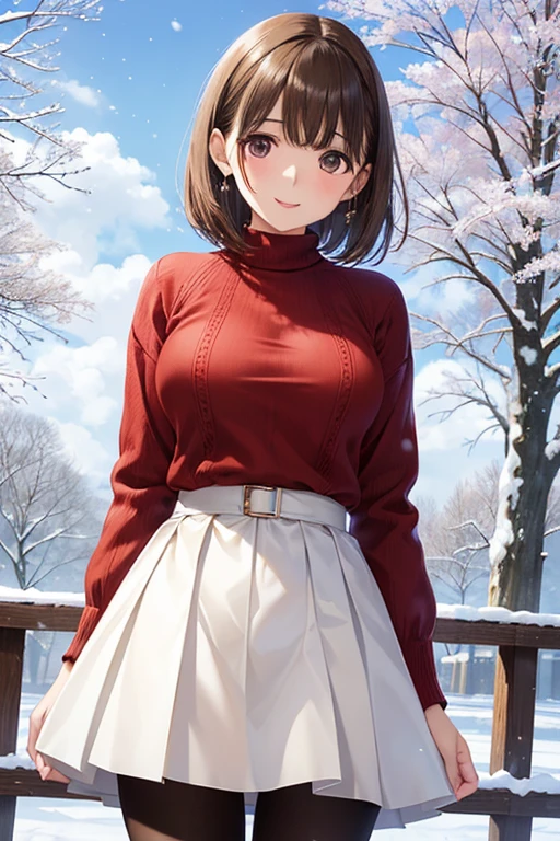 anegasaki nene、Shiny brown hair, short hair, (Beautiful brown eyes、Sparkling eyes, Fine grain)、smile、Ultra-detailed eyes、Highly detailed face, Highly detailed eyes,Cowboy Shot、



(masterpiece), One girl, Highest quality, Expressive eyes, Perfect Face,  short hair,
 BREAK  ((Mature Woman)),  , Are standing, snow, Daytime Sky, Cloudy, snow trees, 
 ((Red sweater 、BREAK 青いスカート, pantyhose, ))smile, look up, Mouth closed, Are standing 
