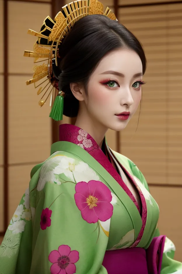 oiran、kimono、beautiful、beauty、green eyes、黒のkimono