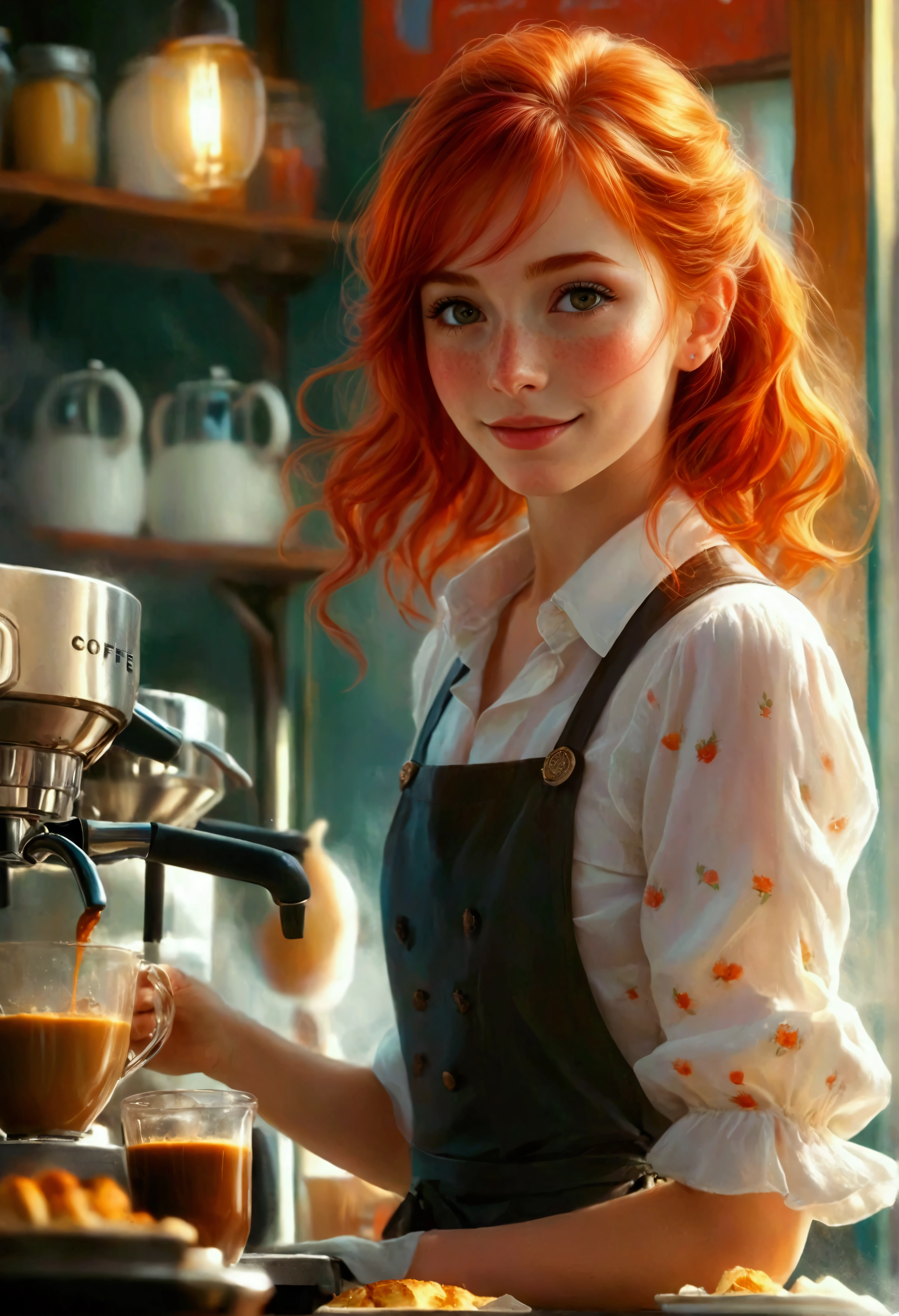 A romantic scene: A very pretty fresh red head female barrista with cute freckles, smile with blushed cheeks as she prepared coffee in a coffee shop counter. In a beautiful and warm coffee shop. Steaming coffee and warming backlight. Romantic Comedy, expressionistic, Emotional, Dynamic, Distorted emotional effects, energetic, Use unusual colors, detailed, (best quality, masterpiece, photorealistic), very aesthetic, perfect composition, intricate details, ultra-detailed, vivid colors.