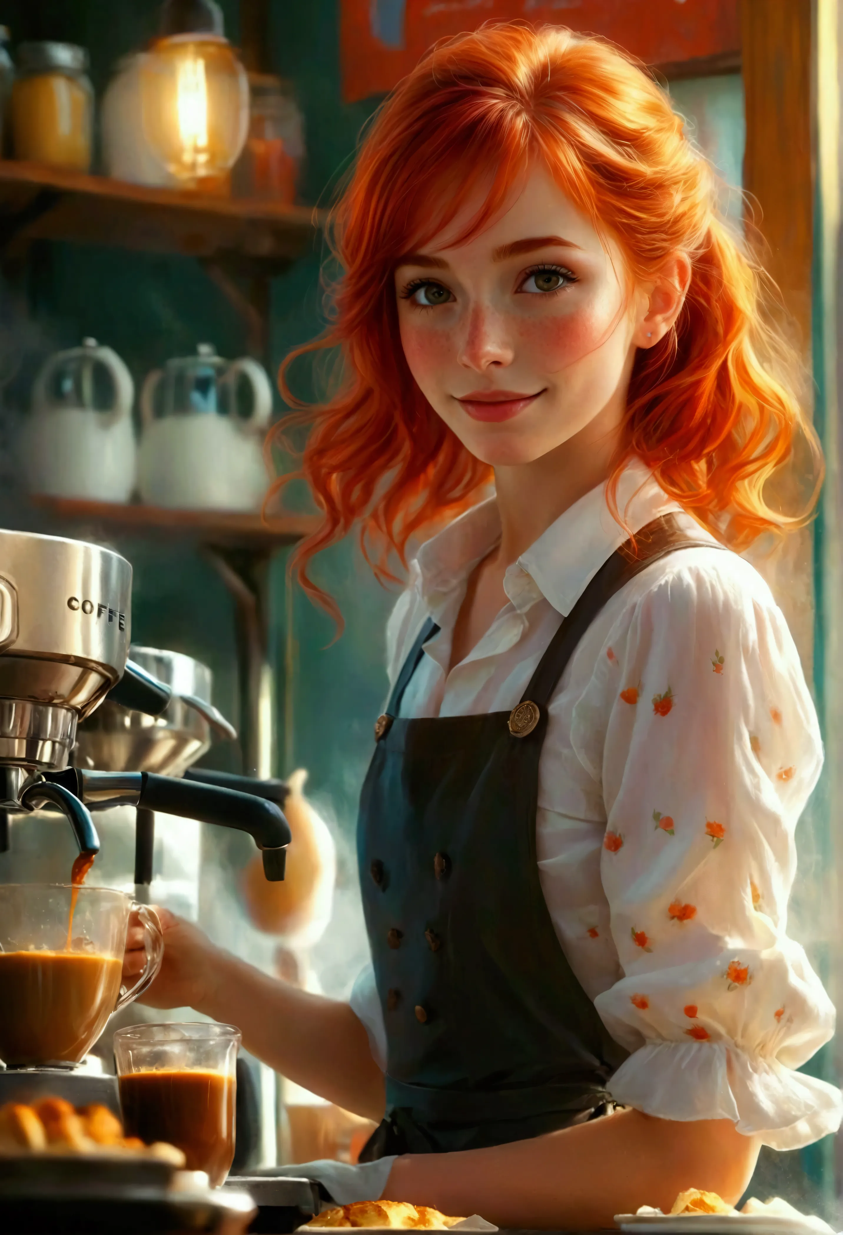 a romantic scene: a very pretty fresh red head female barrista with cute freckles, smile with blushed cheeks as she prepared cof...