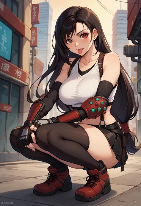 score_9, score_8_up, score_7_up, 1girl, solo, 7rtifa, red eyes, long hair, black hair, earrings, crop top, suspenders, pleated m...