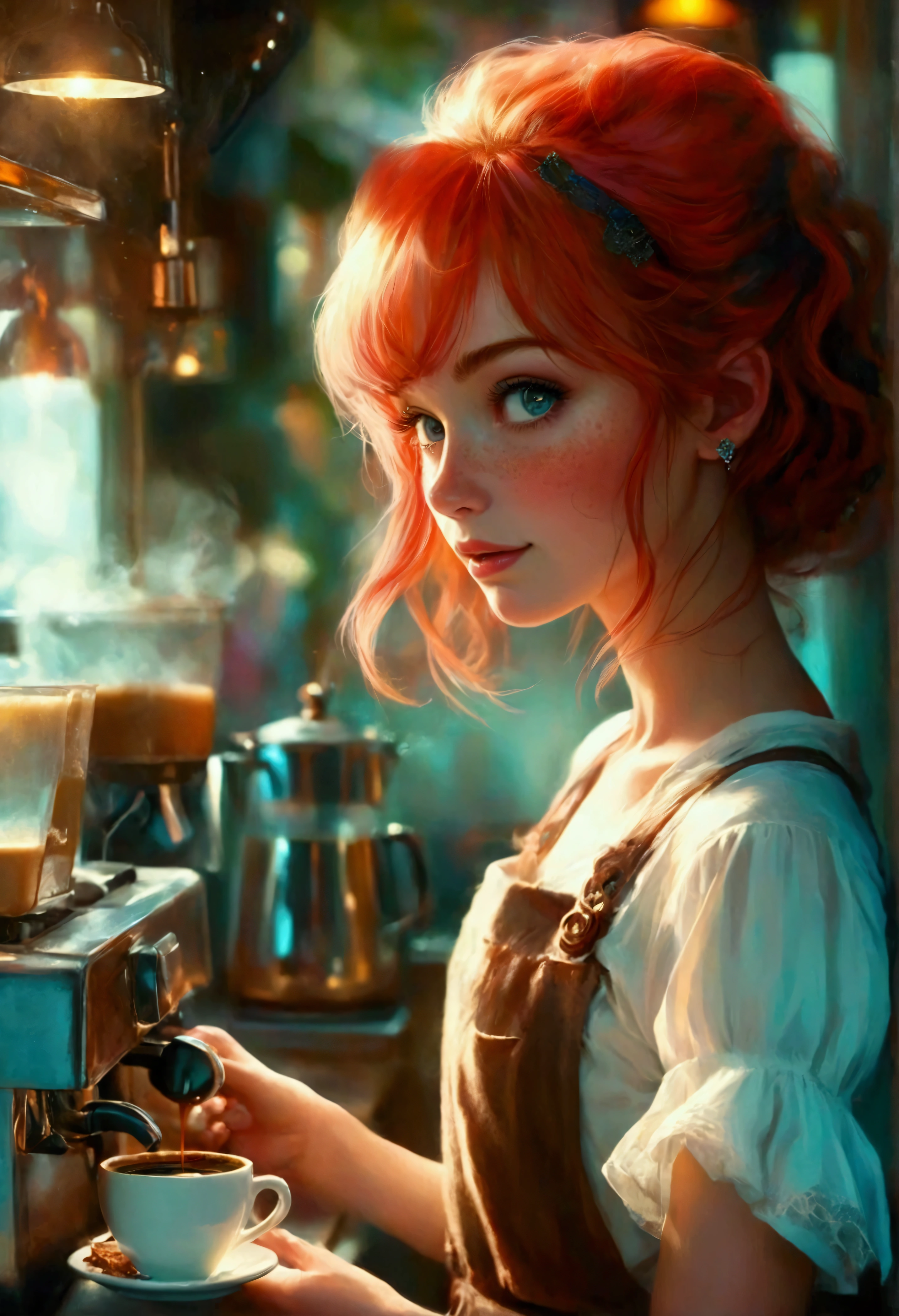 A romantic scene: A very pretty fresh red head female barrista with cute freckles, smile with blushed cheeks as she prepared coffee in a coffee shop counter. In a beautiful and warm coffee shop. Steaming coffee and warming backlight. Romantic Comedy, expressionistic, Emotional, Dynamic, Distorted emotional effects, energetic, Use unusual colors, detailed, (best quality, masterpiece, photorealistic), very aesthetic, perfect composition, intricate details, ultra-detailed, vivid colors.