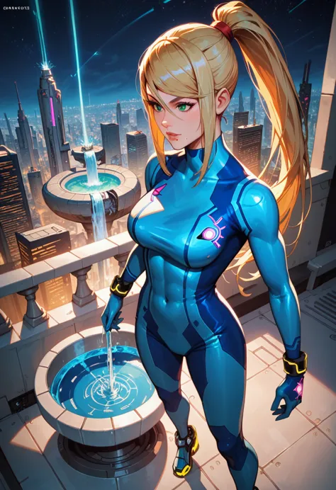 (best quality),female,samus aran,by rubio,green eyes,zero suit,light blue body suit,cowboy shot,city at night,science fiction,ul...