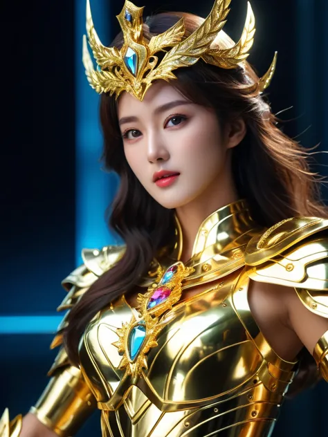 beautiful korean woman, (((mikamaria))), wearing shining golden armor，expose the waistline，cool pose， saint seiya armorhigh deta...