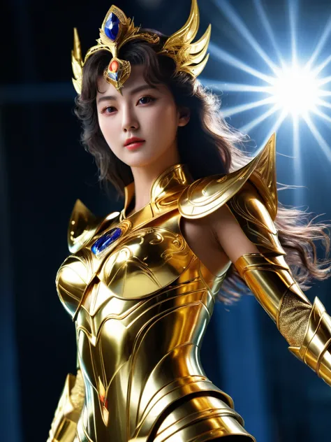 beautiful korean woman, (((mikamaria))), wearing shining golden armor，expose the waistline，cool pose， saint seiya armorhigh deta...