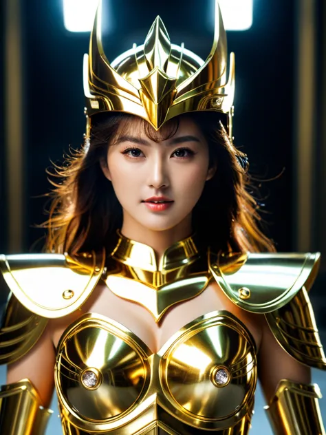 beautiful korean woman, (((mikamaria))), wearing shining golden armor，expose the waistline，cool pose， saint seiya armorhigh deta...