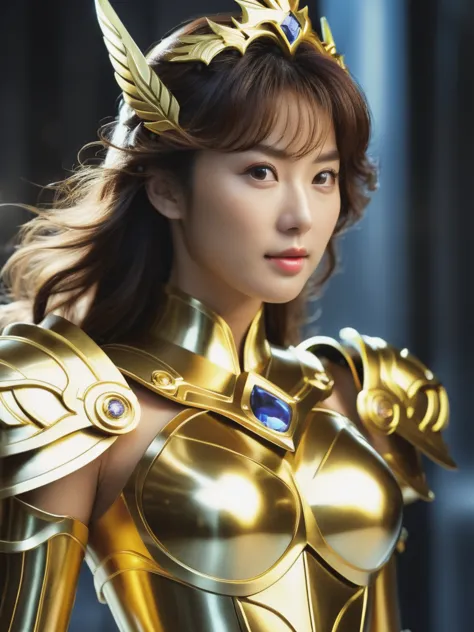 beautiful korean woman, (((mikamaria))), wearing shining golden armor，expose the waistline，cool pose， saint seiya armorhigh deta...