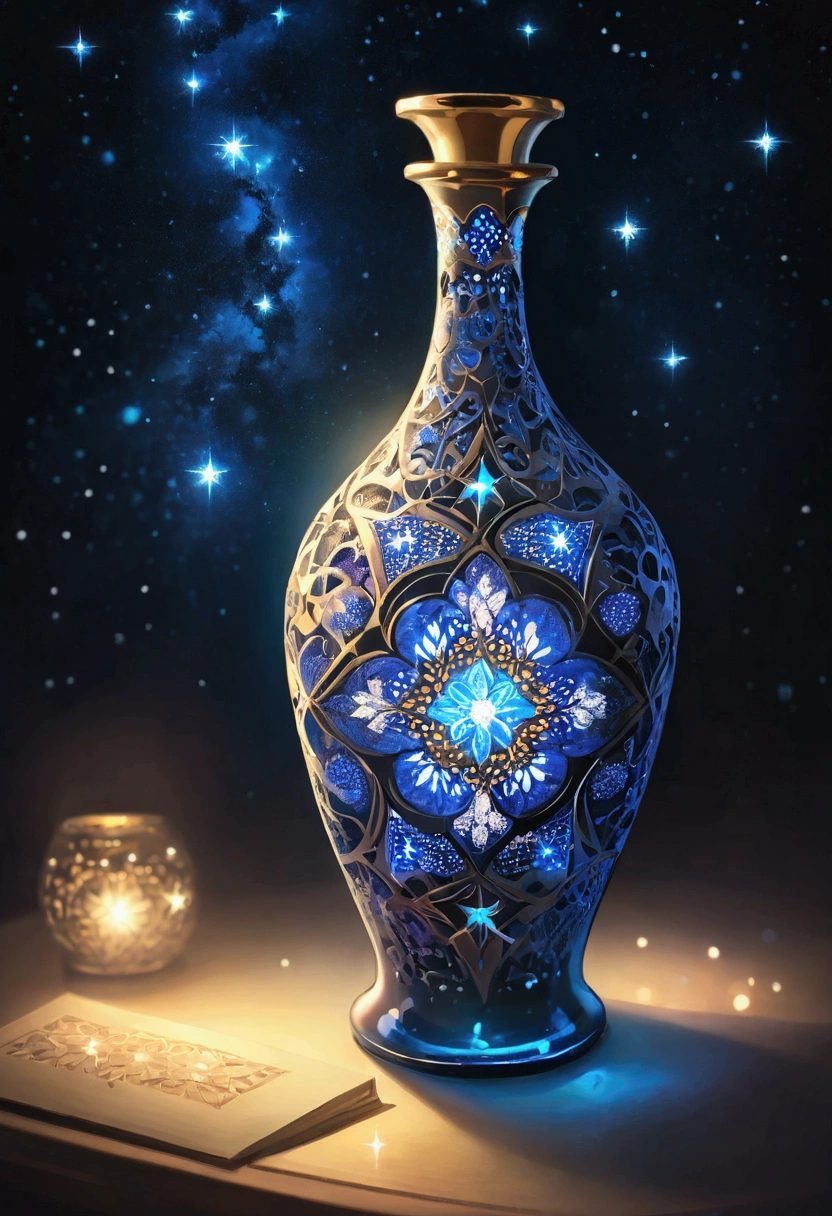 A beautiful bottle, like delicate and beautiful lace woven into a three-dimensional space. Many religious patterns are displayed, and the surface of the vase shows the color of the starry sky. Very simple background, beautiful lights, highly concentrated, Beautiful bokeh, shot from above,