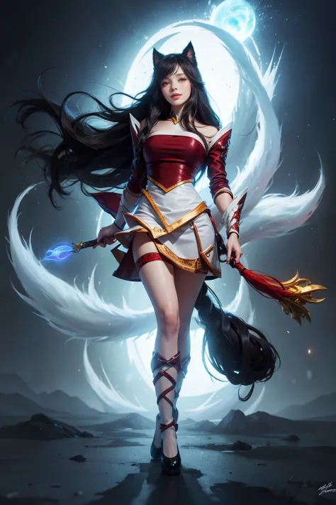 Sekchi art style,Archie , league of legends champion,masterpiece, best quality, Eric, Weaving, Fox Tail, Multi-tail, korean clothes, skirt, Luminescence, vitality, vitality ball, Full body posture, gentle smile,