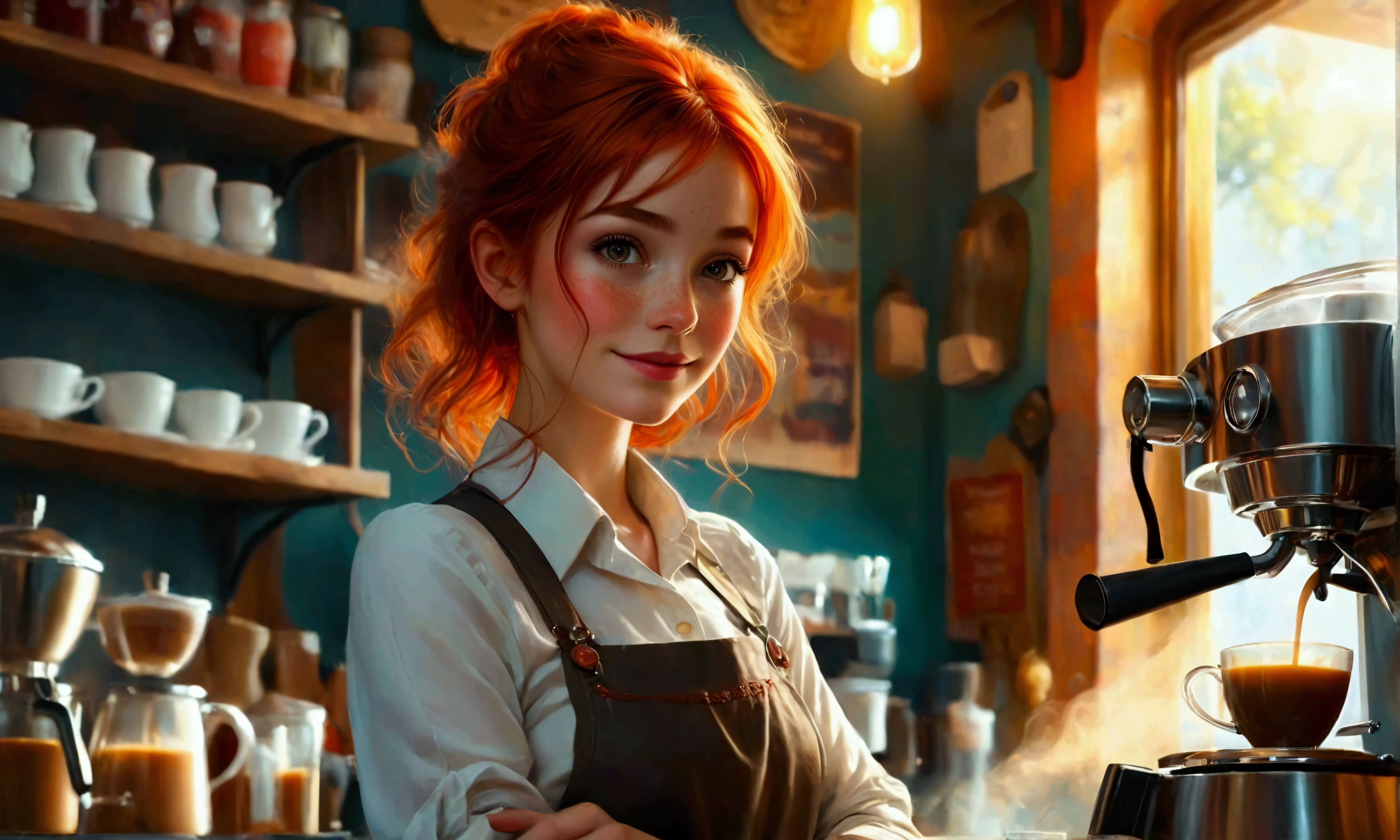 A romantic scene: A very pretty fresh red head female barrista with cute freckles, smile with blushed cheeks as she prepared coffee in a coffee shop counter. In a beautiful and warm coffee shop. Steaming coffee and warming backlight. Romantic Comedy, expressionistic, Emotional, Dynamic, Distorted emotional effects, energetic, Use unusual colors, detailed, (best quality, masterpiece, photorealistic), very aesthetic, perfect composition, intricate details, ultra-detailed, vivid colors.