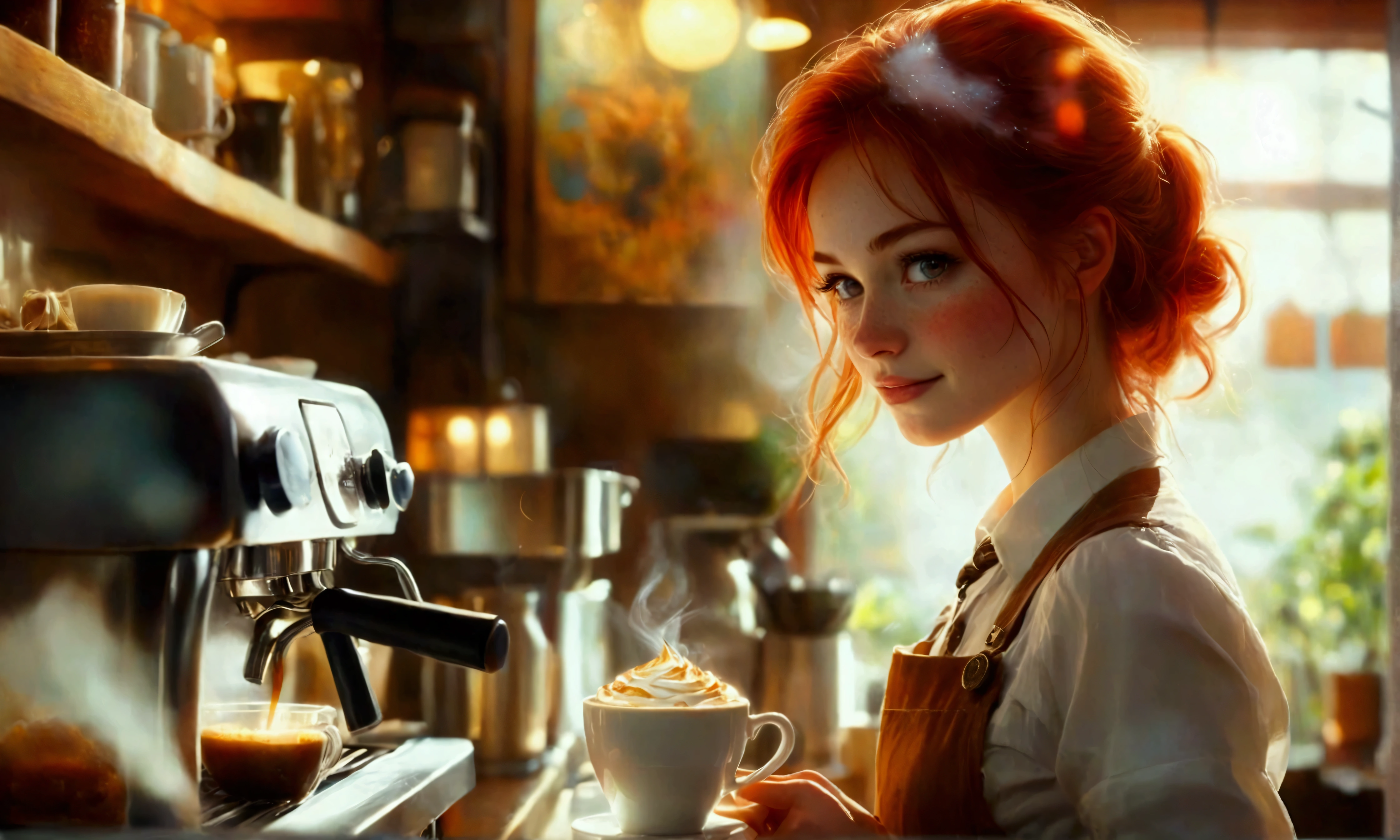 A romantic scene: A very pretty fresh red head female barrista with cute freckles, smile with blushed cheeks as she prepared coffee in a coffee shop counter. In a beautiful and warm coffee shop. Steaming coffee and warming backlight. Romantic Comedy, expressionistic, Emotional, Dynamic, Distorted emotional effects, energetic, Use unusual colors, detailed, (best quality, masterpiece, photorealistic), very aesthetic, perfect composition, intricate details, ultra-detailed, vivid colors.