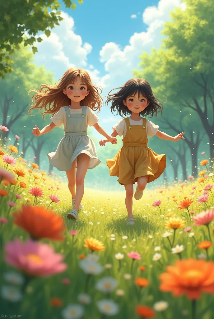 Two girls, running in a field of flowers, wearing country clothes, one of the girls has long, light brown hair, honey-colored eyes, white skin, sharp features, the other girl has black eyes, black hair a little longer than the shoulder, childish features, the sky and trees appear