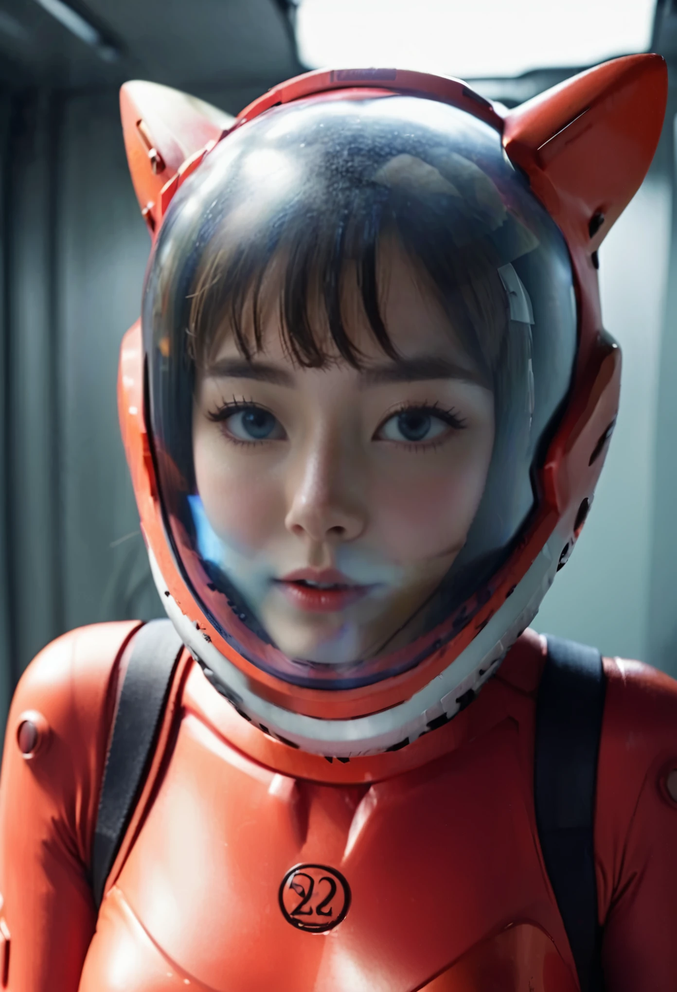 (8k, RAW photo, best quality, masterpiece), (photorealistic), outstanding details, ultra-high resolution, anatomically correct, textured skin, (Extremely precise and accurate anatomy), (wide lens effect), (Cute girl, eva helm,plugsuit, red  bodysuit, bubble helmet, underwater, spacesuit, full body,(Cute Japanese girl , 20-year-old), red helmet,red helmet, space helme, (cat ears:1.5), red helmet, pov