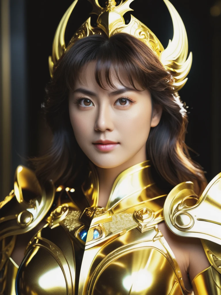 beautiful woman is Wearing shining golden armor, Saint Seiya ArmorHigh Detail, anime style, Movie Lighting, spark, Divine Light, Ray Tracing, Film Grain, Ultra HD, textured skin, Super Detail, anatomically correct, high resolution，Super high saturation，High contrast，high gloss armor，Smooth skin，a sinister sneer，Realistically，（masterpiece，Top quantity，Best quality，official art，Beauty and aesthetics：1.2），Very detailed，Fractal art，Colorful