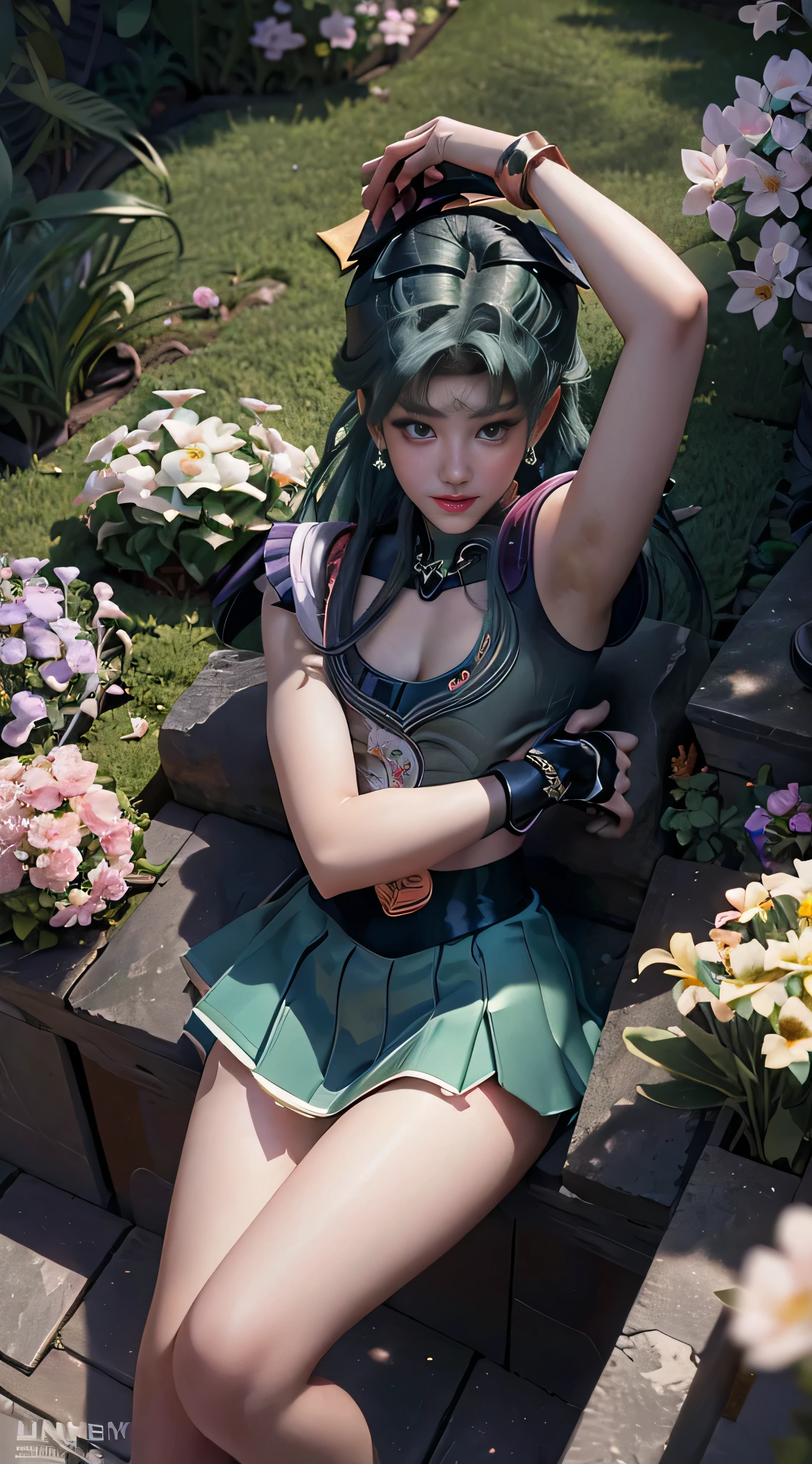 (Extreme Detail CG Unity 8K wallpaper, masterpiece, highest quality), (exquisite lighting and shadow, highly dramatic picture, cinematic lens effect), (Sailor Moon: 1.4), delicate facial features, charming smile, star eyes, ((dark green hair)), tight top, white gloves, mini skirt, dynamic pose, lying in the garden), (background in a garden full of flowers) (excellent detail, outstanding lighting, wide angle), (excellent rendering, enough to be proud of its kind),