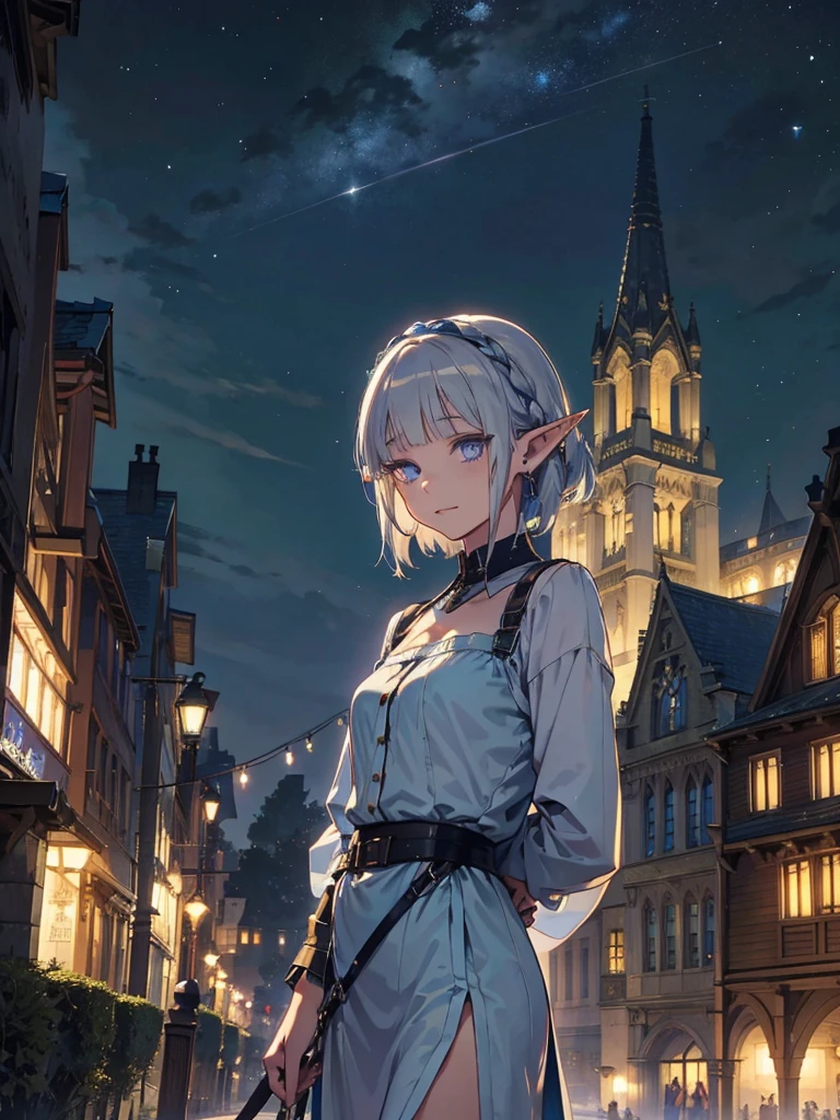 The cathedral is in the background、Medieval cityscape at night,　Wide Road、Pointed Ears、Elf、blue eyes、Green casual clothing、Long eyelashes、Silver braided short hair