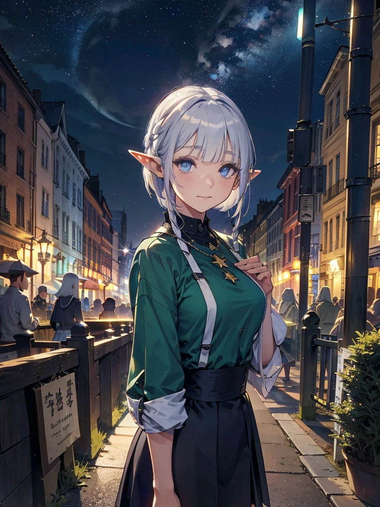 The cathedral is in the background、Medieval cityscape at night,　Stars Shining、Wide Road、Pointed Ears、Elf、blue eyes、Green casual clothing、Long eyelashes、Silver braided short hair