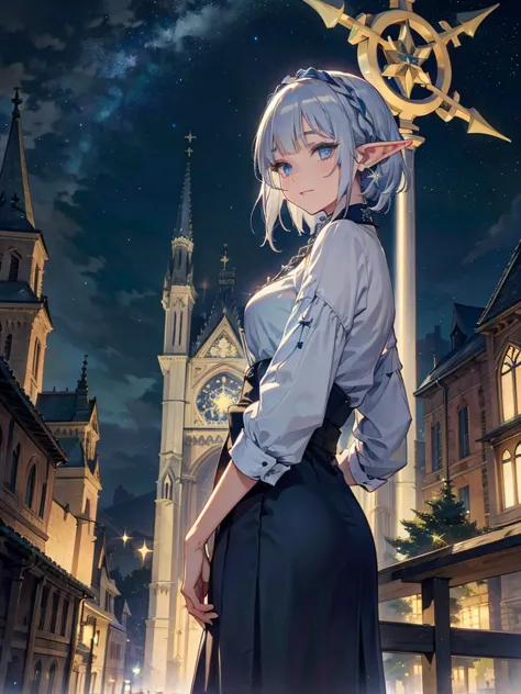 the cathedral is in the background、medieval cityscape at night,　stars shining、wide road、pointed ears、elf、blue eyes、green casual ...