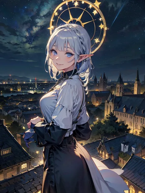 the cathedral is in the background、medieval cityscape at night,　stars shining、wide road、pointed ears、elf、blue eyes、green casual ...