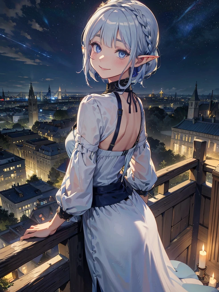 The cathedral is in the background、Medieval cityscape at night,　Stars Shining、Wide Road、Pointed Ears、Elf、blue eyes、Green Dress、Long eyelashes、Silver braided short hair。Turn around with a smile、Overlooking the city from the terrace