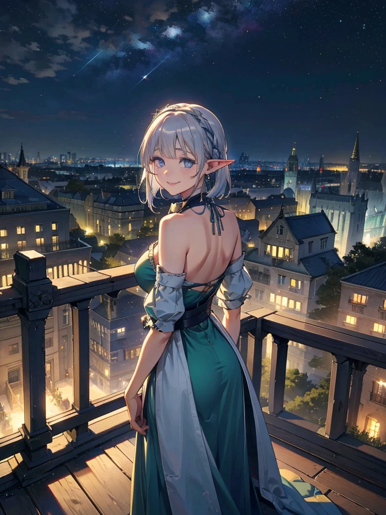 The cathedral is in the background、Medieval cityscape at night,　Stars Shining、Wide Road、Pointed Ears、Elf、blue eyes、Green Dress、Long eyelashes、Silver braided short hair。Turn around with a smile、Overlooking the city from the terrace