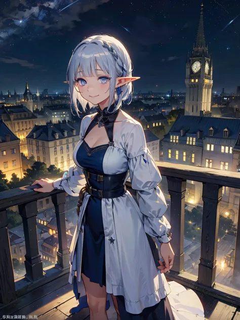 the cathedral is in the background、medieval cityscape at night,　stars shining、wide road、pointed ears、elf、blue eyes、green dress、l...