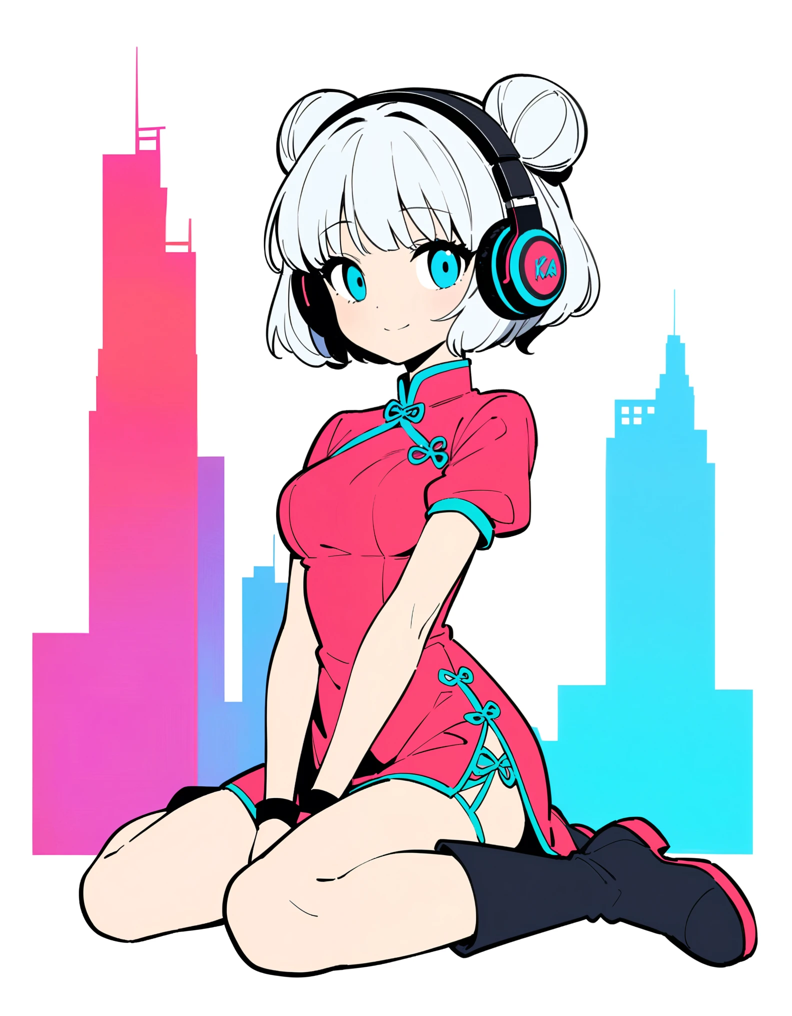 ((((White background)))), Background white, masterpiece, Highest quality, Beautiful attention to detail, Very detailed, In detail, High resolution, Perfect Anatomy, colorful, Vivid Color, Bright and dark colors, One woman, 1, alone, Qipao, Slightly larger breasts, boots, Headphones, Bob cut with bun, White Hair, Hair color is silver or white, City pop illustrations, 1980s, Flat Color, smile, wariza